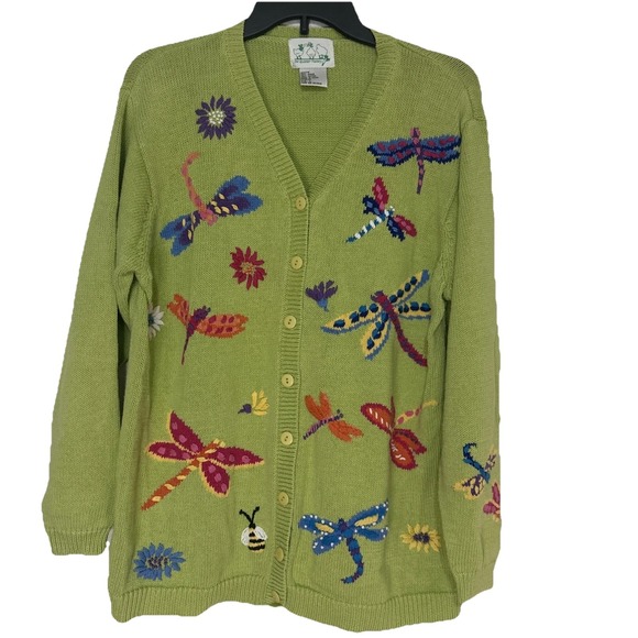 The Quacker Factory Large‎ knit Sweater Green Colorful Dragonflies Bees Flowers